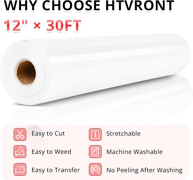 HTVRONT White Heat Transfer Vinyl Roll