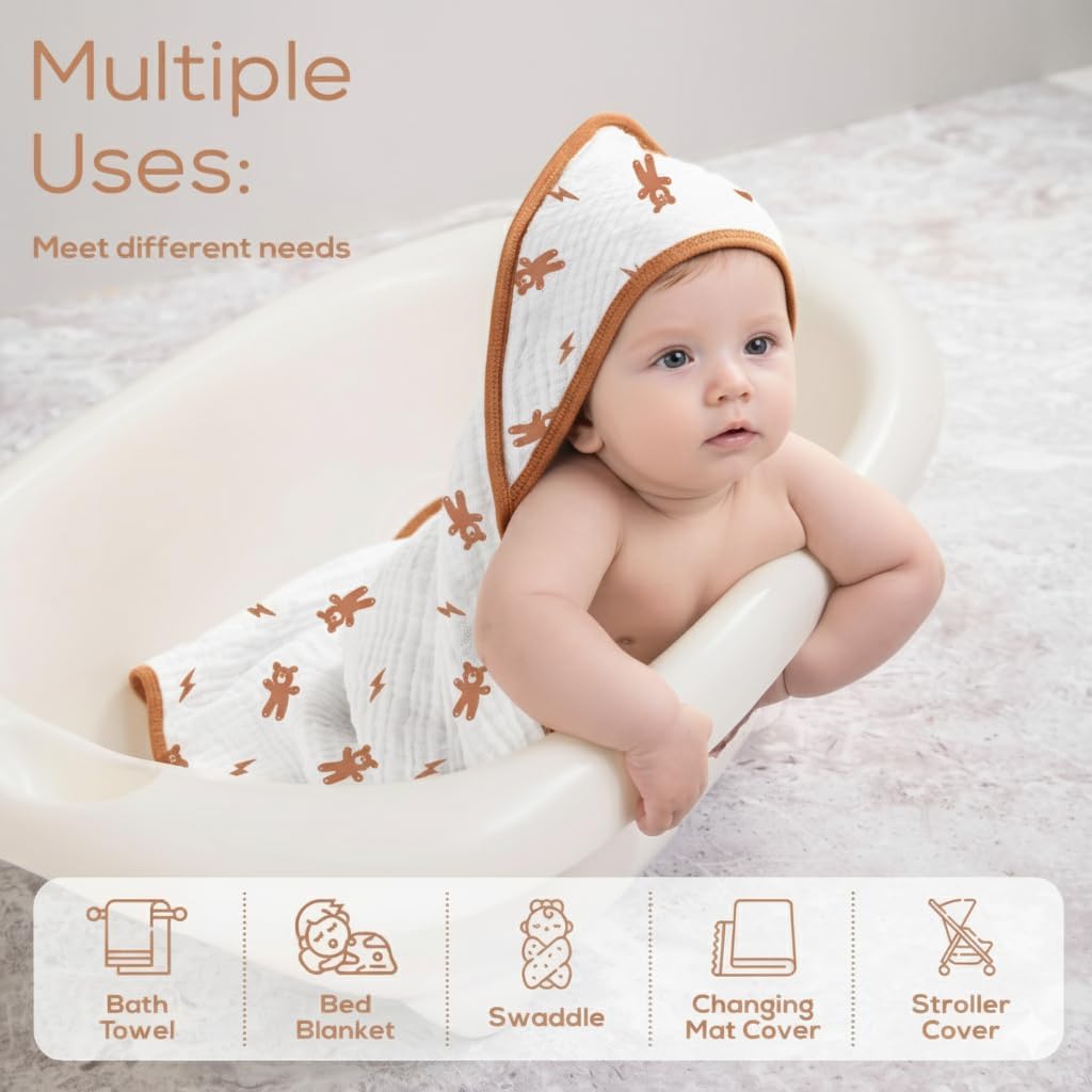Muslin Hooded Baby Towels for Newborns, 32"x32", 100% Cotton – 6 Layers Super Soft Absorbent Breathable, Baby Bath Towel, Toddler Bath Towel – Pack of 2