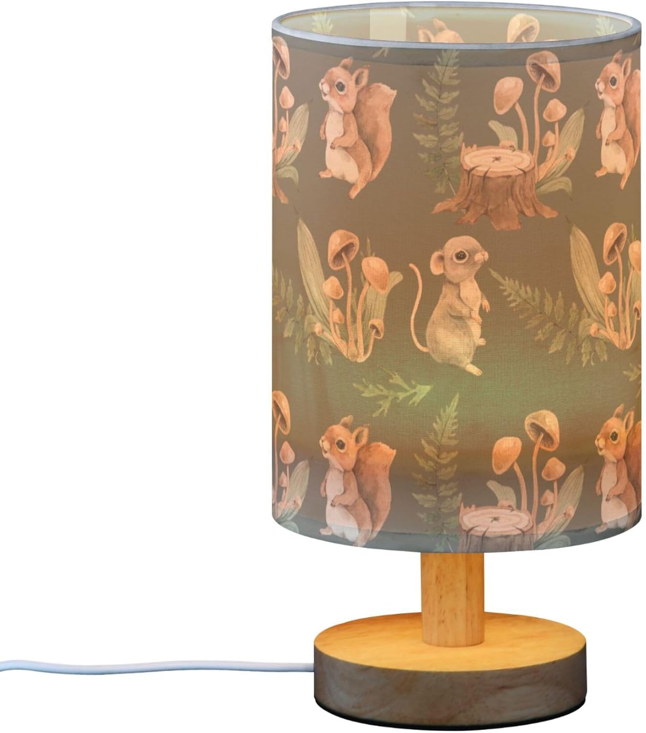 Table Lamp with Squirrel Mouse Stump Fern Mushroom Forest Animal Pattern - Wood Base Fabric Shade Nightstand for Living Room Bedroom Kids Room Office