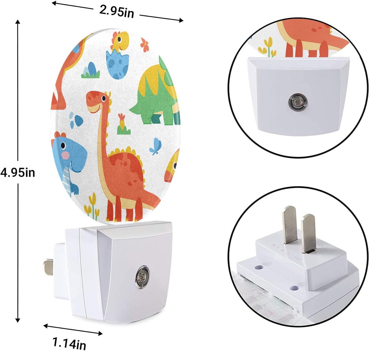 EKOBLA Dinosaur Night Light Cartoon Round LED Wall Plug-in Nightlights with Auto Sensor, Dino Night Light - Cute Dinosaur Theme Dusk to Dawn Lighting for Boys & Girls (Soft Glow Sleep-Friendly)