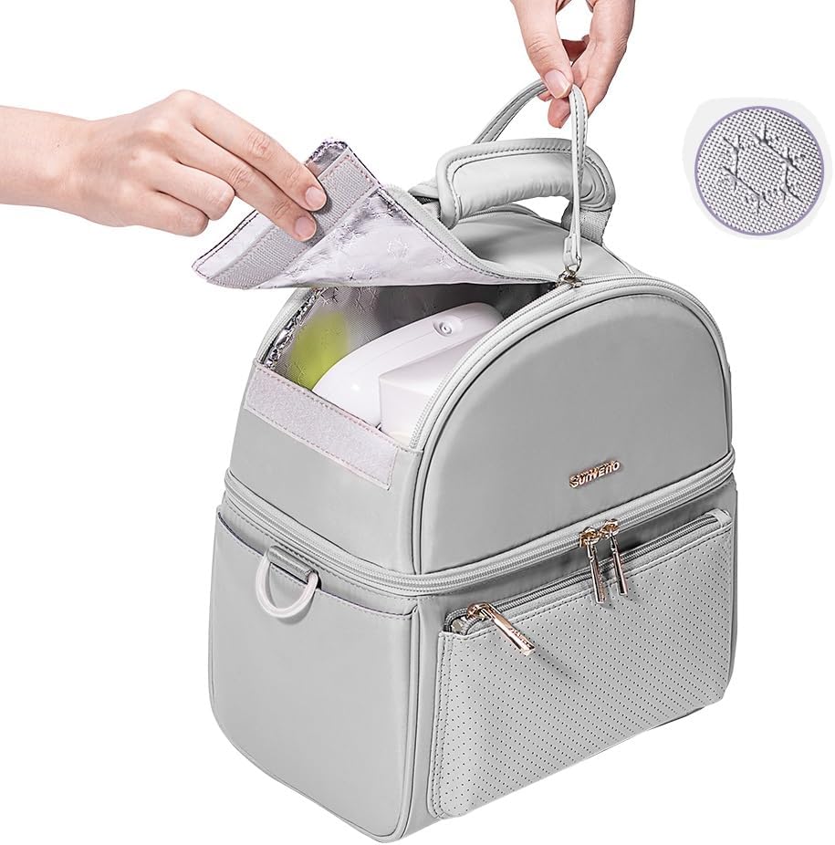 Sunveno Breastmilk Cooler Bag Set with 2 Ice Packs & Detachable Insulation Box, 15-Hour Cold Retention Foil-Lined Leak-Proof Tote Fits 3 Baby Bottles for On-The-Go Pumping Moms, Daycare & Travel,Grey