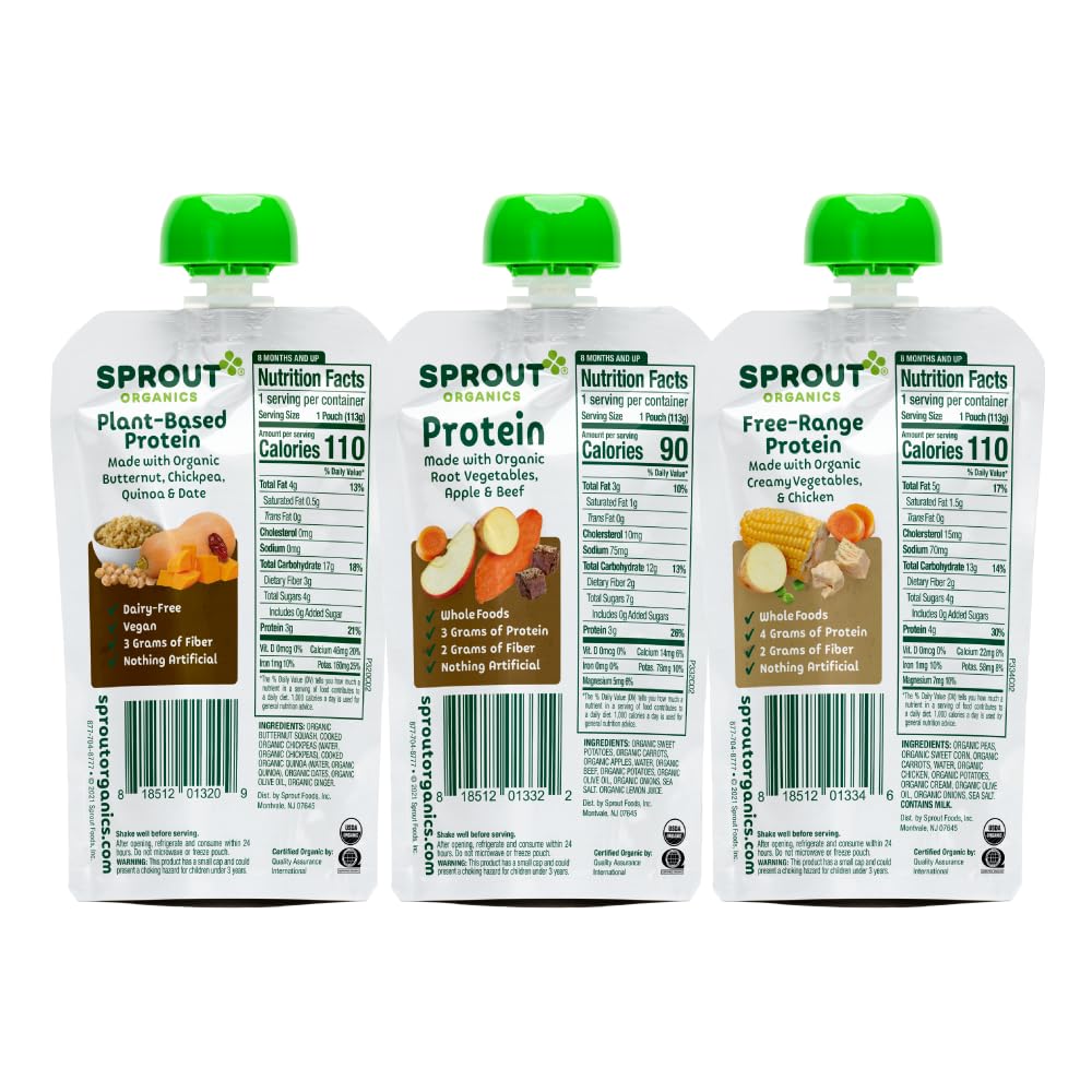 Sprout Organic Baby Food, Stage 3 Pouches, Root Veg & Beef, Creamy Veg & Chicken, Garden Veg & Turkey Variety Pack, 4 Oz Purees (Pack of 18)