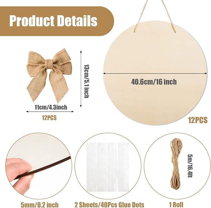 12 Pcs 16 Inch Wood Circles for Crafts Unfinished Round Wood Discs Blank Wooden