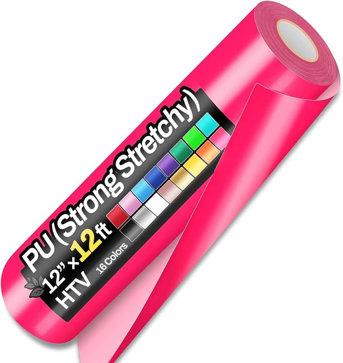 12" x 12ft Heat Transfer Vinyl Rolls, PU HTV Vinyl Neon Pink