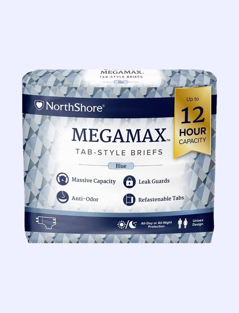 NorthShore MegaMax Adult Overnight Diapers, 12-Hour Tab-Style, Large, 10 Count Bag, Blue, 42-54 inches, Unisex Incontinence Underwear