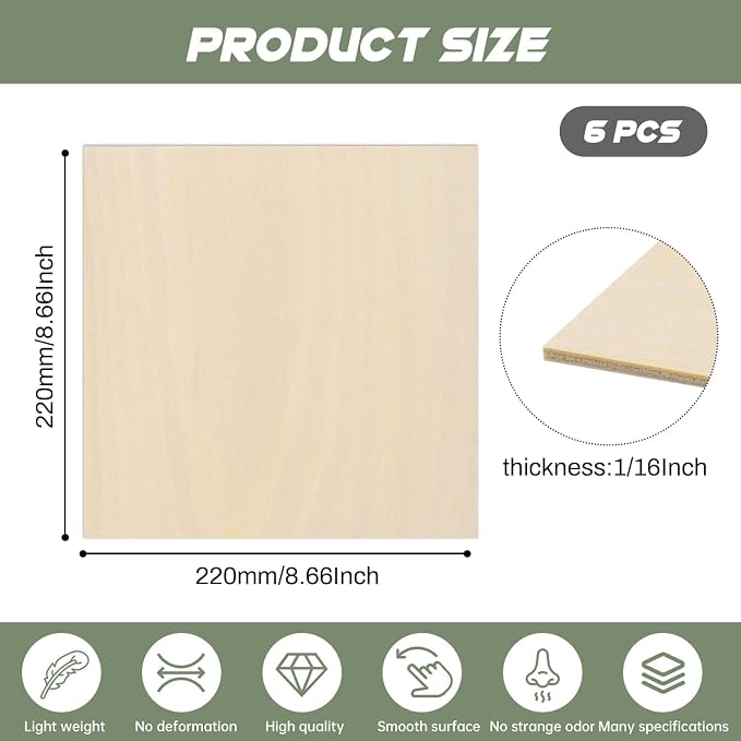 6 Pack Plywood Sheets, 8.66" x 8.66"x 1/16" Basswood Sheets | 1.5mm Basswood