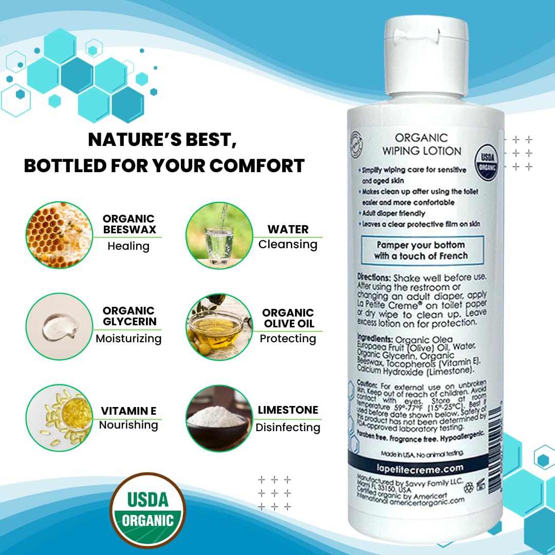La Petite French Premium Liniment Wiping Lotion for Seniors (8 oz) - Alternative to Wet Wipes, Incontinence Lotion - Moisturizer & Skin Cleanser - USDA Organic Certified & EWG Verified