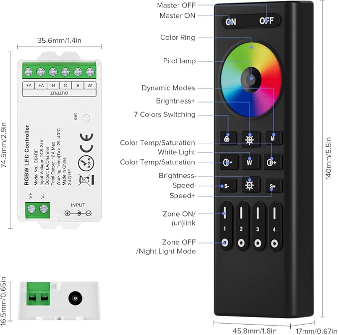 BTF-LIGHTING 2.4GHz Wireless RF Remote RC03RFB &2PCS C04RF Tuya Controller Kit 4 Zones Group Control 5050SMD FCOB COB PWM RGBW (+ R G B W) 5pin LED Strip DC5V DC12V DC24V
