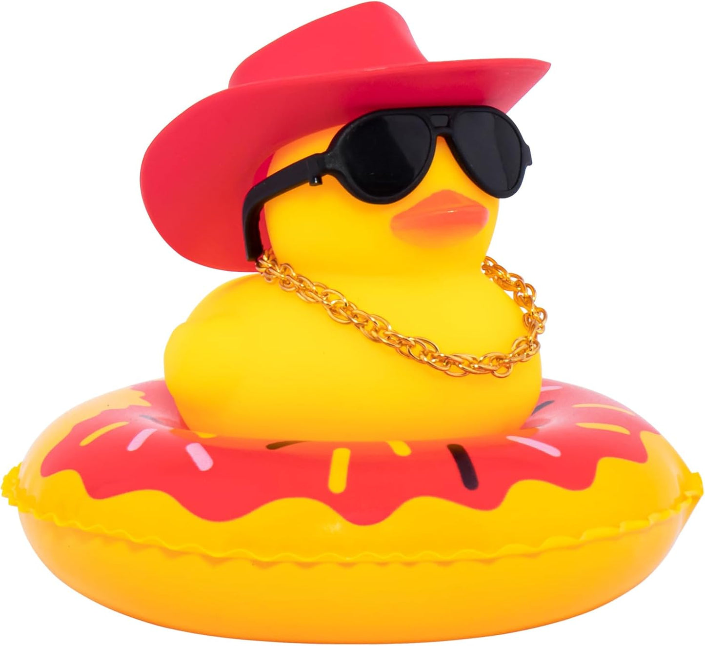 wonuu Car Rubber Duck, Yellow Duck Decoration Dashboard with Sun Hat Swim Ring Necklace Sunglasses for Car Dashboard Decorations, Red Cowboy Hat-Red Donut