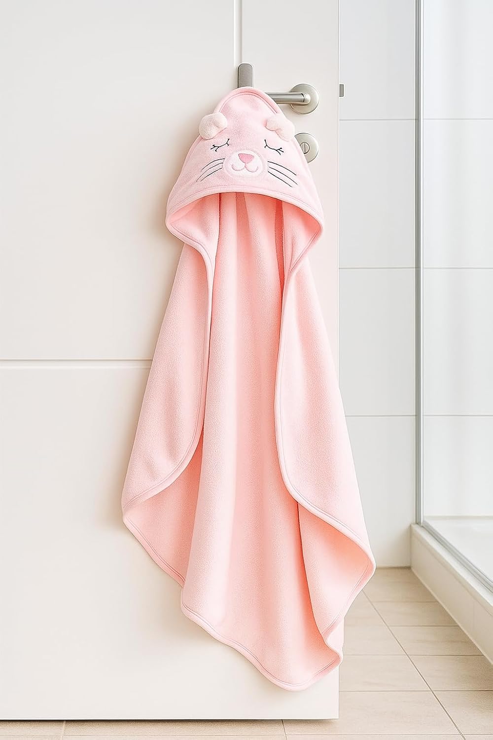 Hooded Baby Bath Towel Set (2 Pack) – Soft & Absorbent Pink & White Animal Design | Plush Newborn & Toddler Bath Wraps (Pink & White)