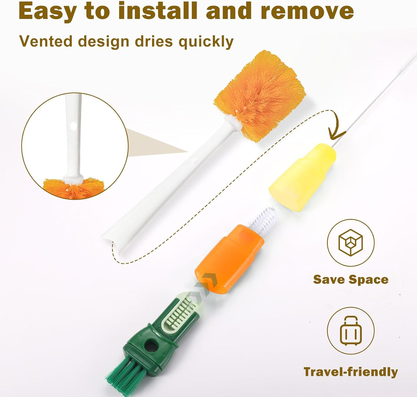 XYFuuee 5 Pack Dish Bottle Brush Set with 5-in-1 Cup Cleaning Brush, Dish Scrub Long Handle Brush with Scraper Tip, 3 Straw Cleaner Brushes, Washing Kitchen Sink Pot Pan Water Bottle Stove