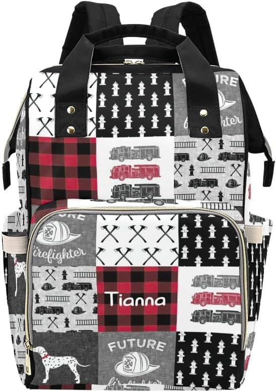 Firefighter Dog Fire Engine Plaid Diaper Bags with Name Waterproof Mummy Backpack Nappy Nursing Baby Bags Gifts Tote Bag for Women