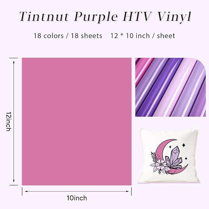 Tintnut Purple Heat Transfer Vinyl, 18 Sheets 12"x10" Iron on Vinyl | Purple
