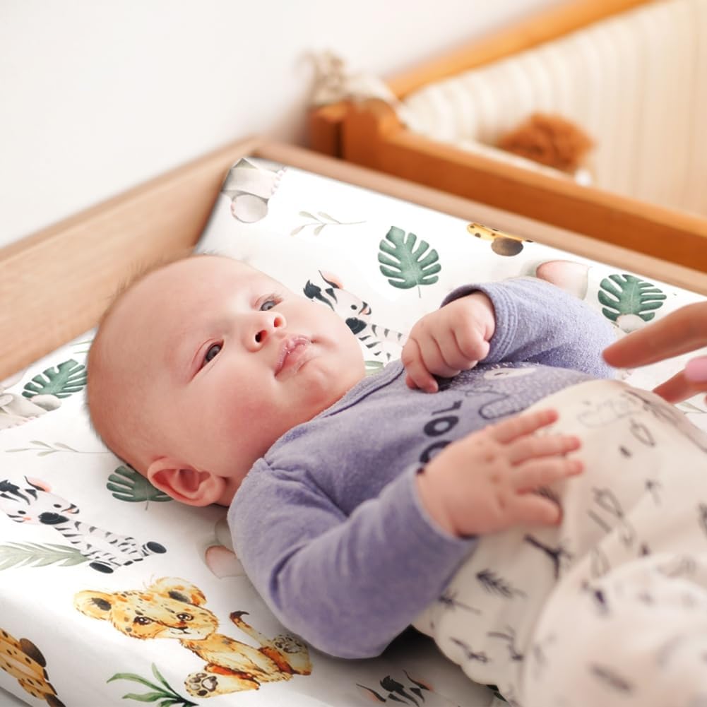 4 Pack Safari Jungle Animals Neutral Unisex Fitted Nursery Baby Sheets Set Toddler Mattress Sheets for Baby Boys or Girls (Changing Pad Cover)