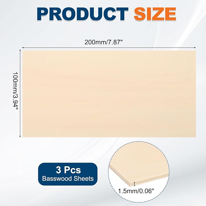 MECCANIXITY 3pcs Basswood Sheets 8 x 4 x 1/16 Inch Unfinished Wood Boards