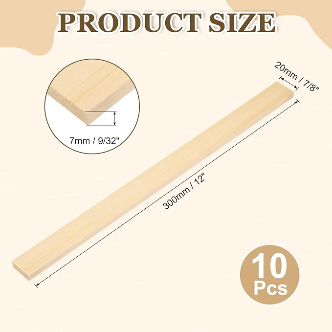 MECCANIXITY 10Pcs Wood Strips Slats, 9/32" x 7/8" x 12" Thin Wood Sticks Flat