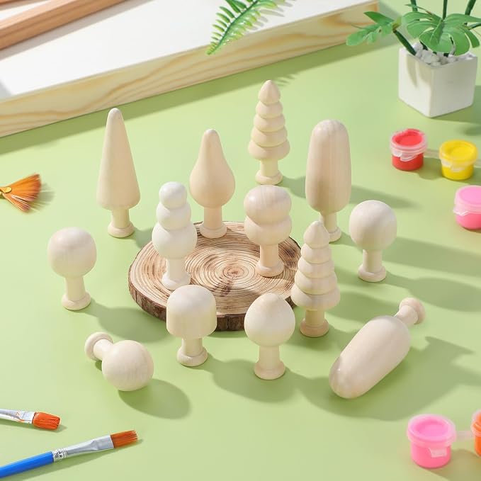 TEHAUX 20pcs Unfinished Mini Wooden Trees 5 Shapes DIY Paintable Wood Craft