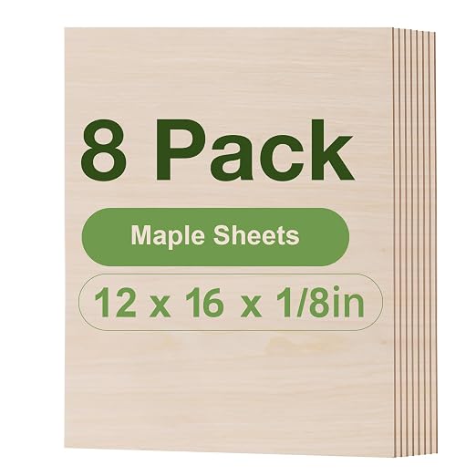Rowood 8 Pack Maple Plywood 1/8, 3mm Wood Sheets Thin Unfinished Maple Plywood