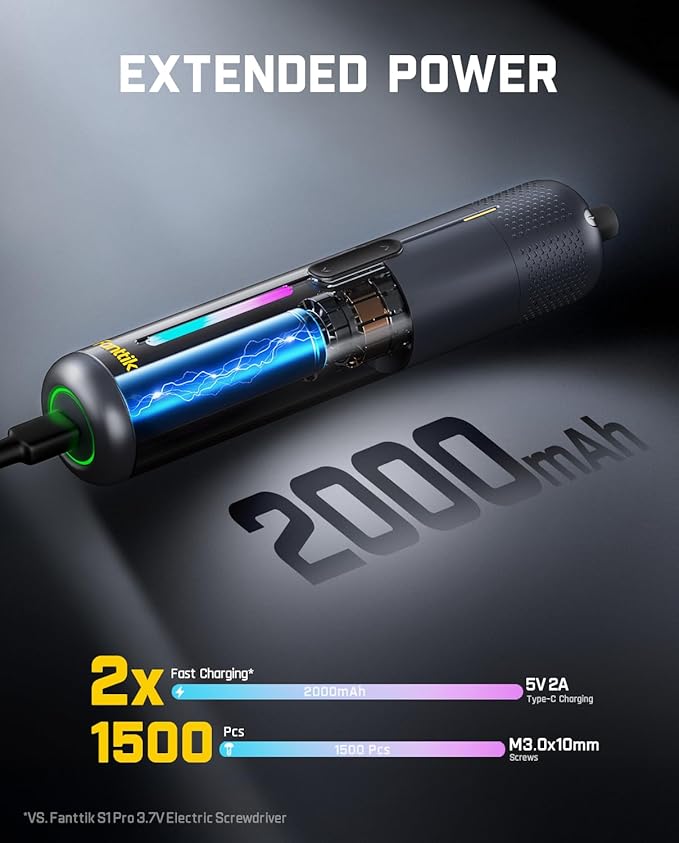Fanttik S2 Pro Electric Screwdriver, Cordless Screwdriver Set, 7 Torque Settings, 0.5 to 6N.m, 20 Magnetic Bits, 1/4''Hex Shank, with 90° Angle Adapter, for Furniture, Household Repairs