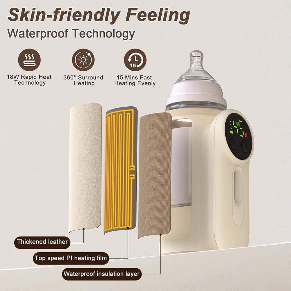 Portable 8000mAh Baby Bottle Warmer Bag with USB Charging and Vacuum Insulation, Milk Heating for Travel and Outdoor Feeding, Compatible with Standard and Wide Neck Bottles, Beige