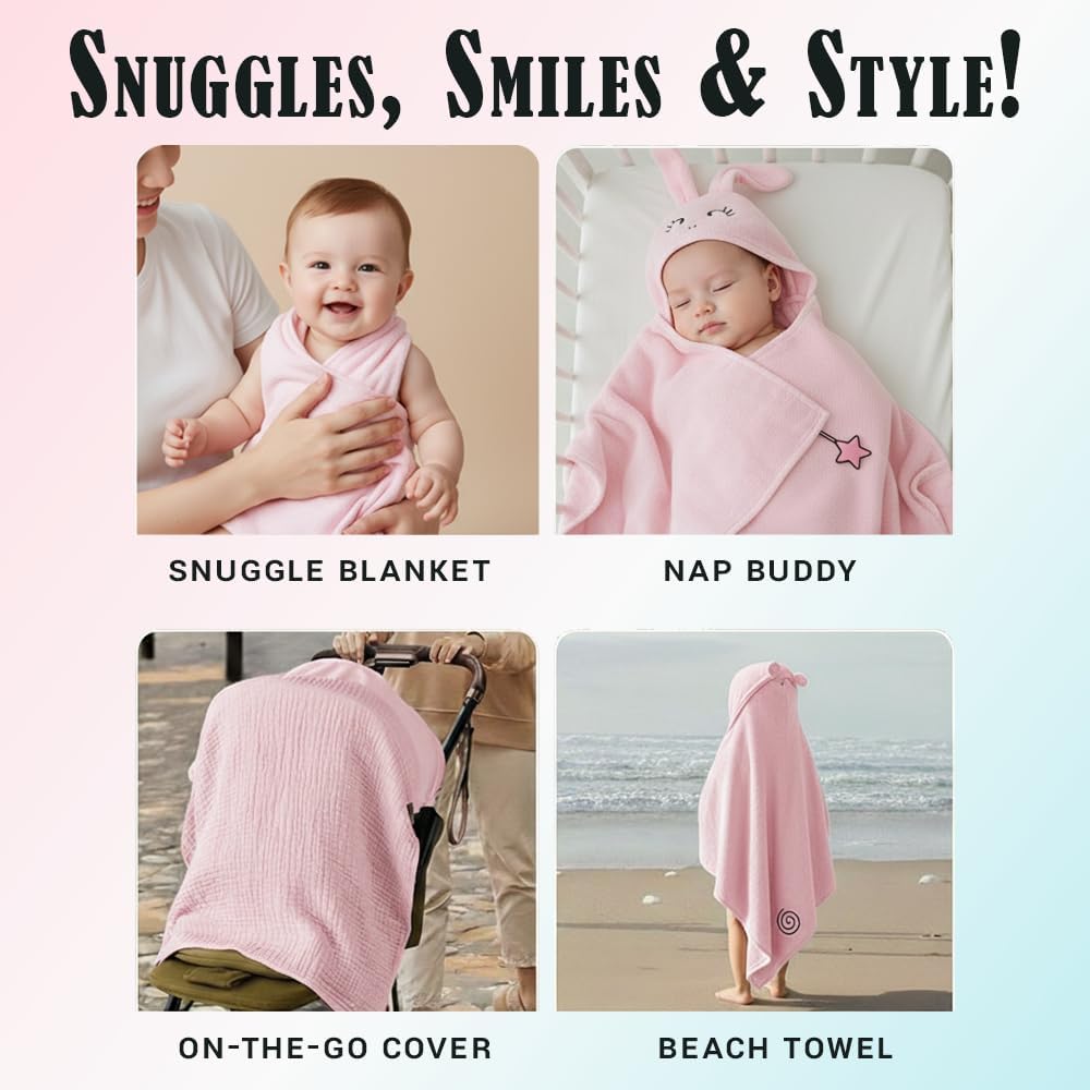 Milk&Moo Baby Hooded Towel, 100% Organic Turkish Cotton, Ultra Absorbent Bath Towel with Hood, 27x47 Inch, for Baby Boys & Girls (0-2 Years, Pink)