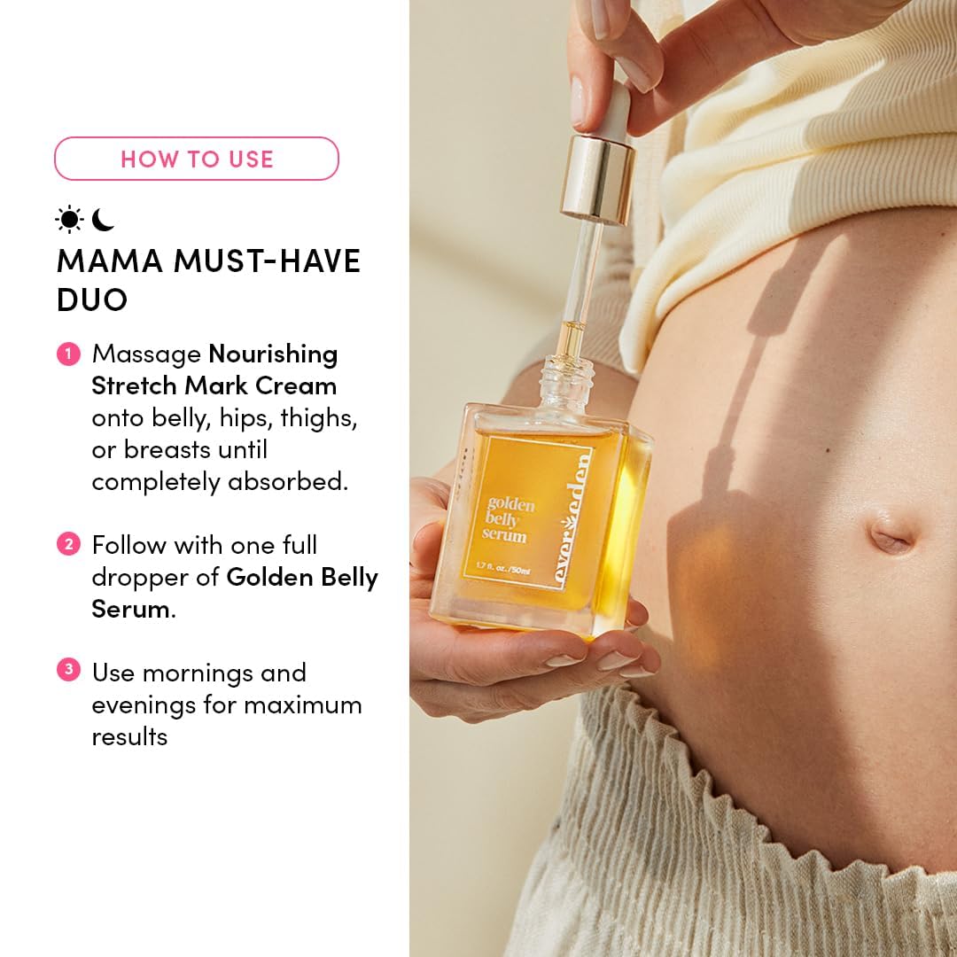Evereden Mama DUO w/t Gua Sha - Golden Belly Stretch Mark Oil & Nourishing Stretch Mark Cream - Dermatologist-Developed Clean & Vegan Maternity Skin Care for Skin Hydration