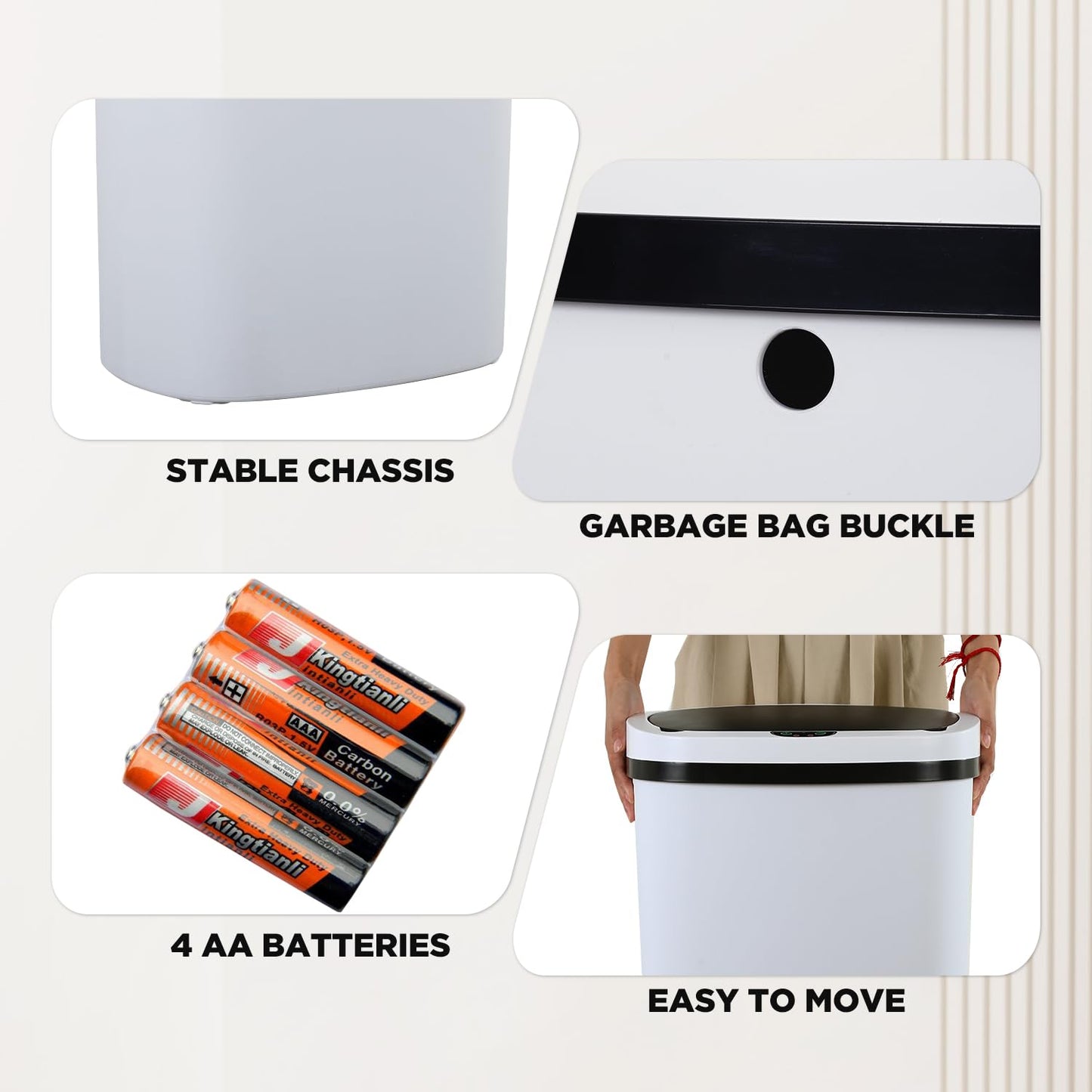BestOffice | 13 Gallon Plastic Trash Can with Lid | White | Automatic Touchless Garbage Can | Odor Control | Modern Oval Design | Easy to Clean | Fits Any Kitchen, Bathroom, Office or Home