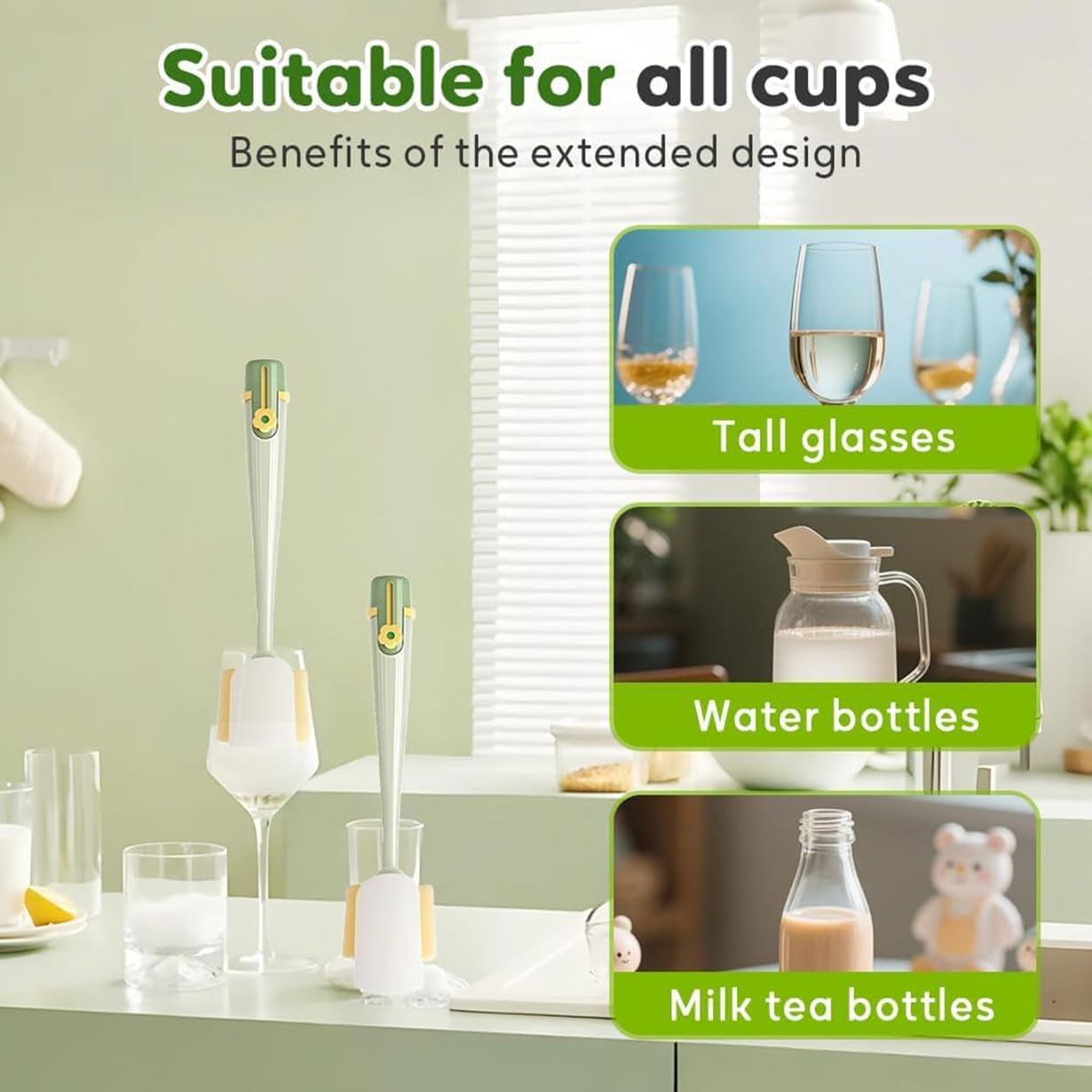 5-in-1 Bottle Cleaning Brush Set, 2026 New Multifunctional Baby Bottle Brush with Long Handle, Gap Cleaner & Scrubber for Water Bottle Lid, Straw, Travel Mugs and Home Kitchen Use (Yellow-3 Heads)