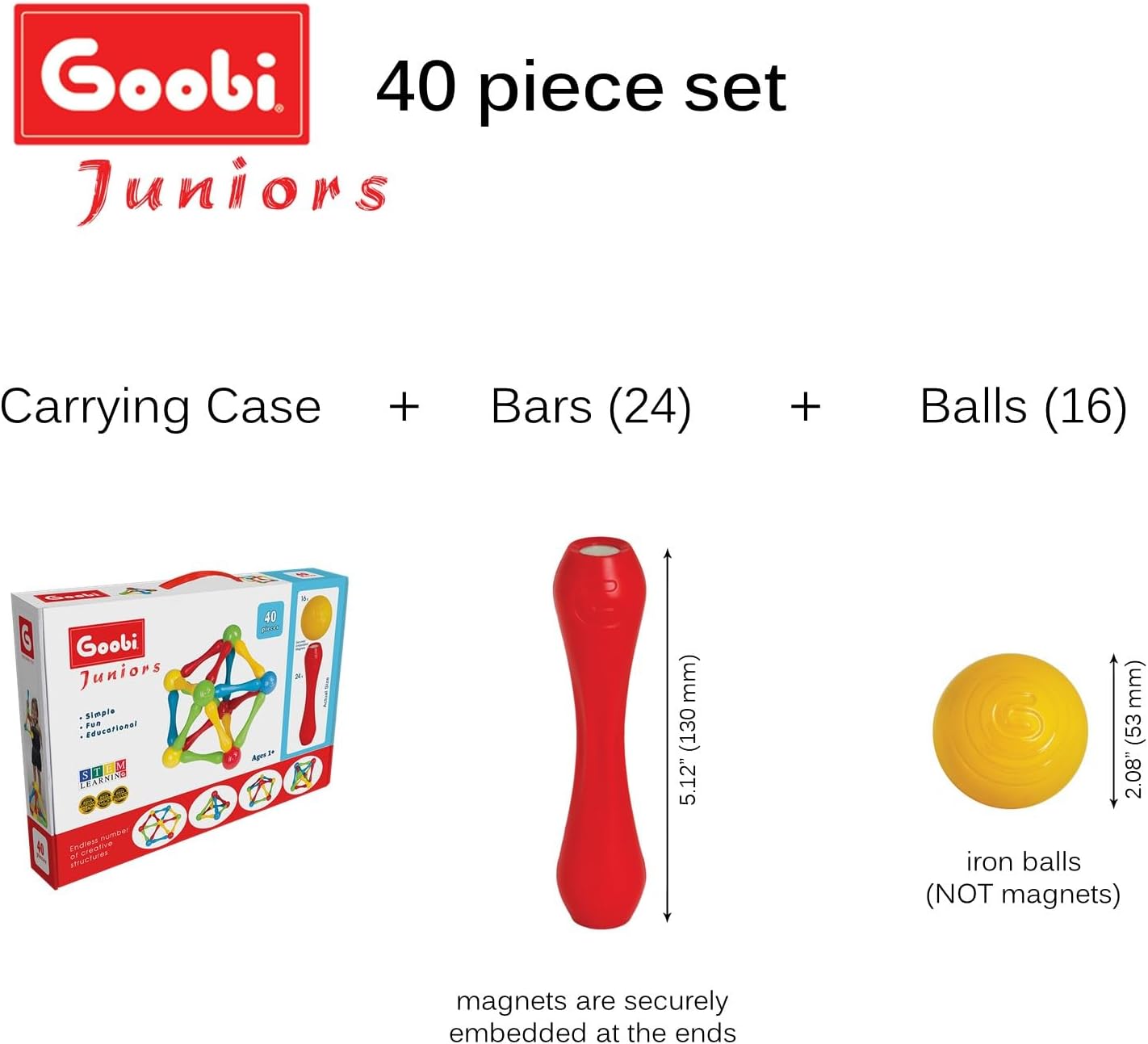 Goobi 40 Piece Construction Set Large Building Blocks Developmental Play Magnetic Sticks STEM Learning Colors Creativity Imagination 3D Puzzle Educational Toys for Ages 1 2 3 Year Toddlers Preschool