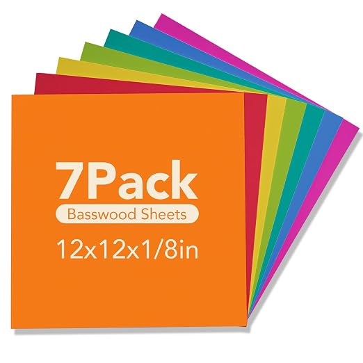 Rowood Colored Plywood Sheets for Laser Cutting, 7 Pack 3mm Thin Unfinished