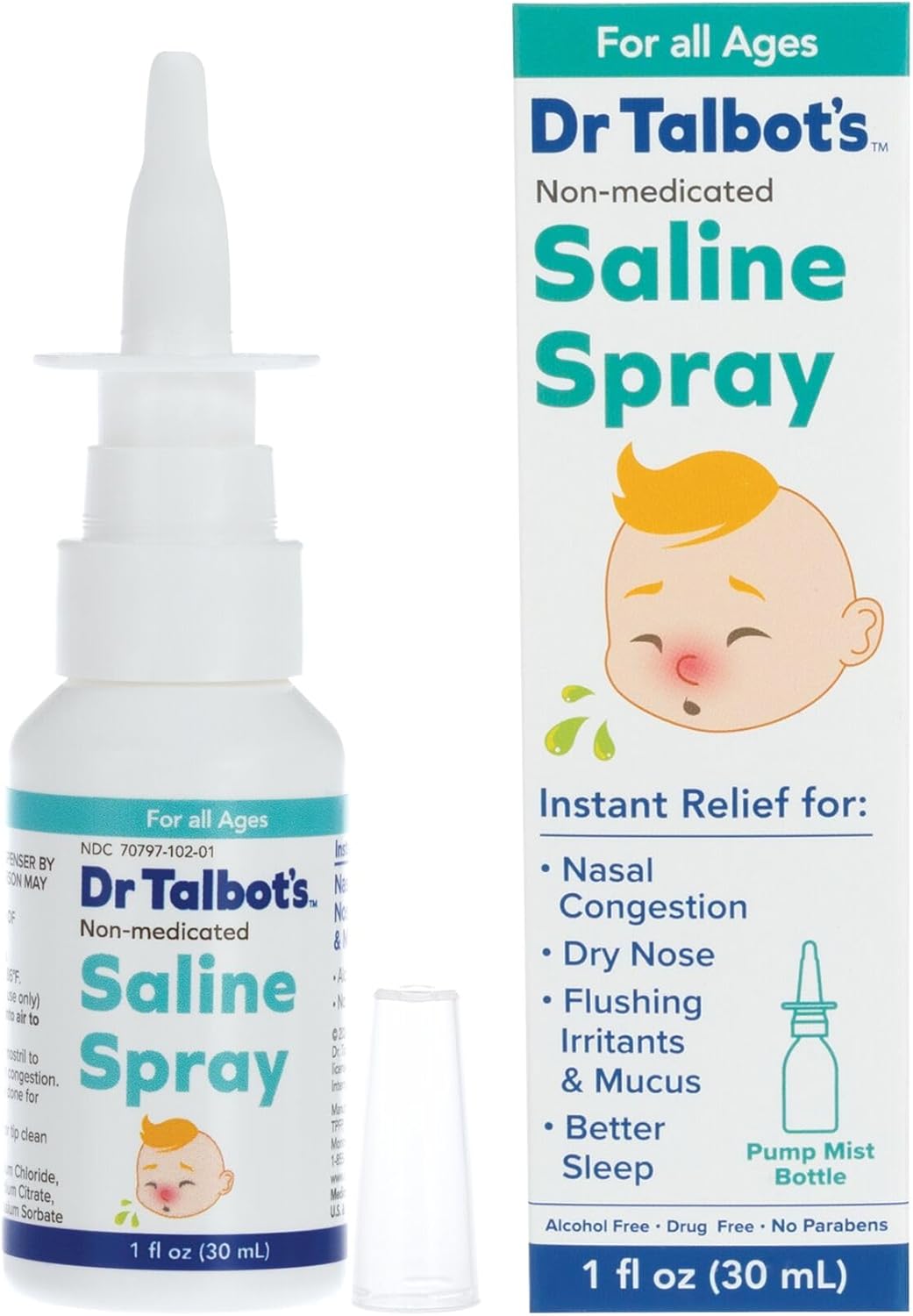 Dr. Talbot's Baby Saline Spray for Nasal Congestion, Dry Nose, and Mucus Flushing Relief - 1 fl oz - Gentle Pump Mist for All Ages