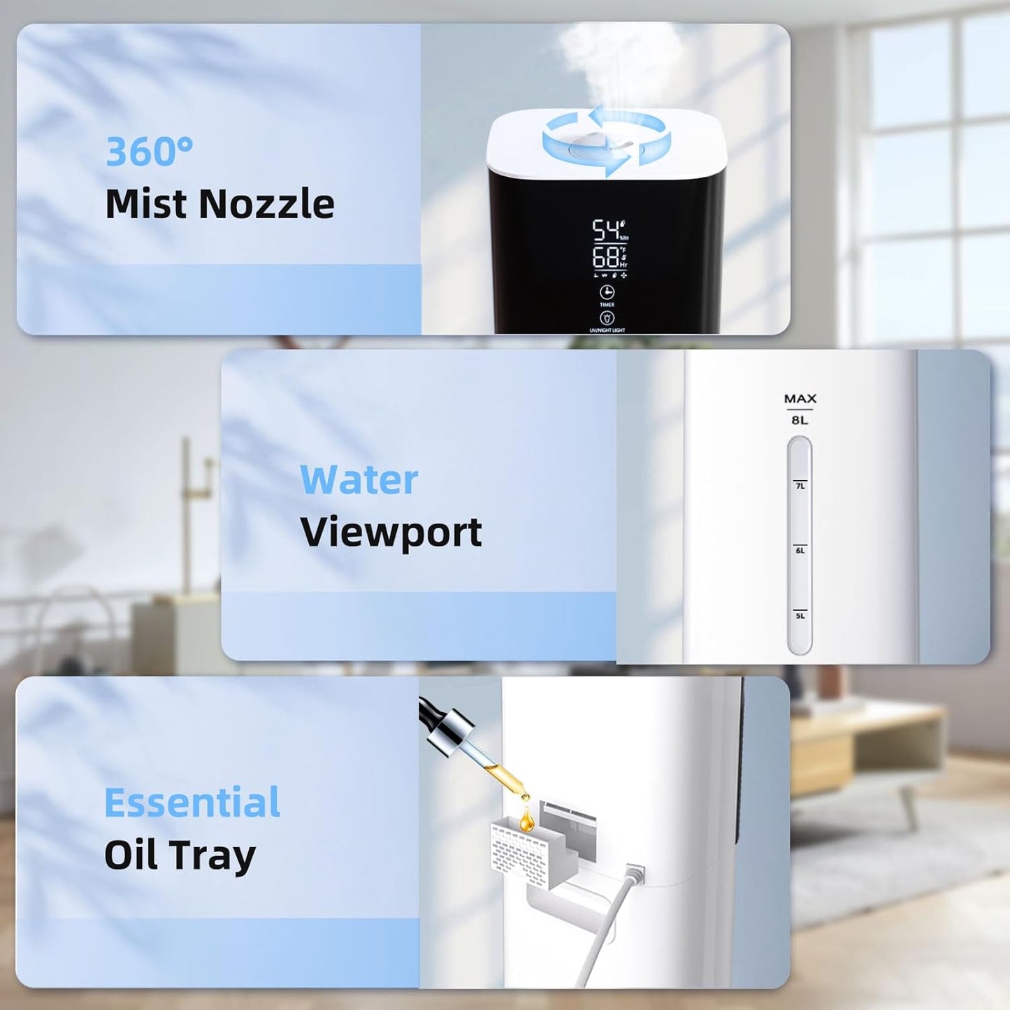 2.11Gal Ultrasonic Cool Mist Humidifier with Timer and Humidistat for Large Rooms - Home, Bedroom, Baby, Adults, Plants