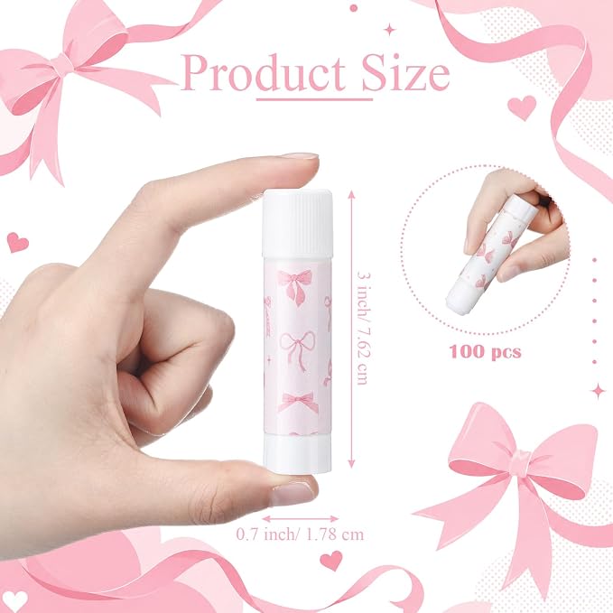 Sabary 100 Pcs Pink Bow White Glue Stick Bulk Washable Glue Sticks 0.32 oz