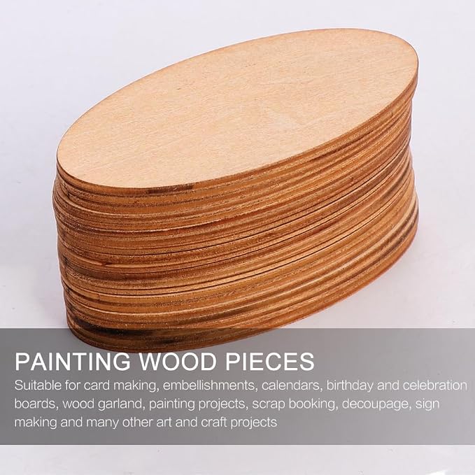 EXCEART 60Pcs Basswood Unfinished Oval Wood Slices 0.78X1.57X0.07In