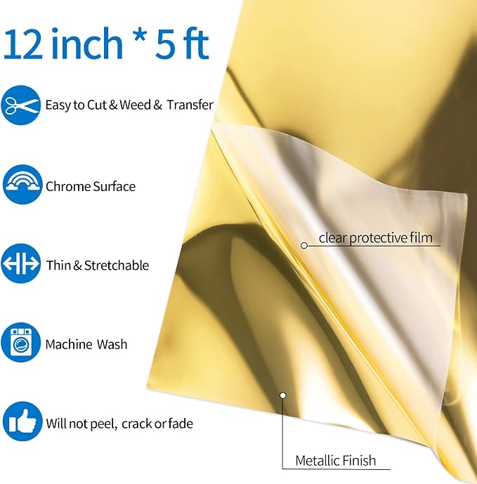 VINYL FROG Gold Metallic Foil Heat Transfer Vinyl Roll 12" x5ft Gold Iron on