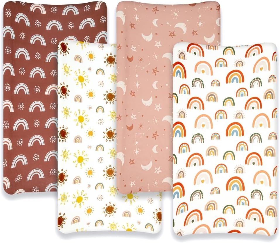 4 Pack Boho Nursery Sheets - Sunshine and Rainbow Design, Neutral Unisex Fitted Baby Changing Pad Cover Sheets for Baby Boys or Girls