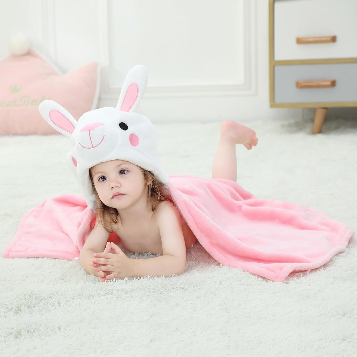 Wearable Blanket Hoodie for Kids Toddlers Hooded Towels Soft Cozy Flannel Wearable Throw Blanket Hoodie for Boys Girls Birthday Gifts (Rabbit 60 * 50)