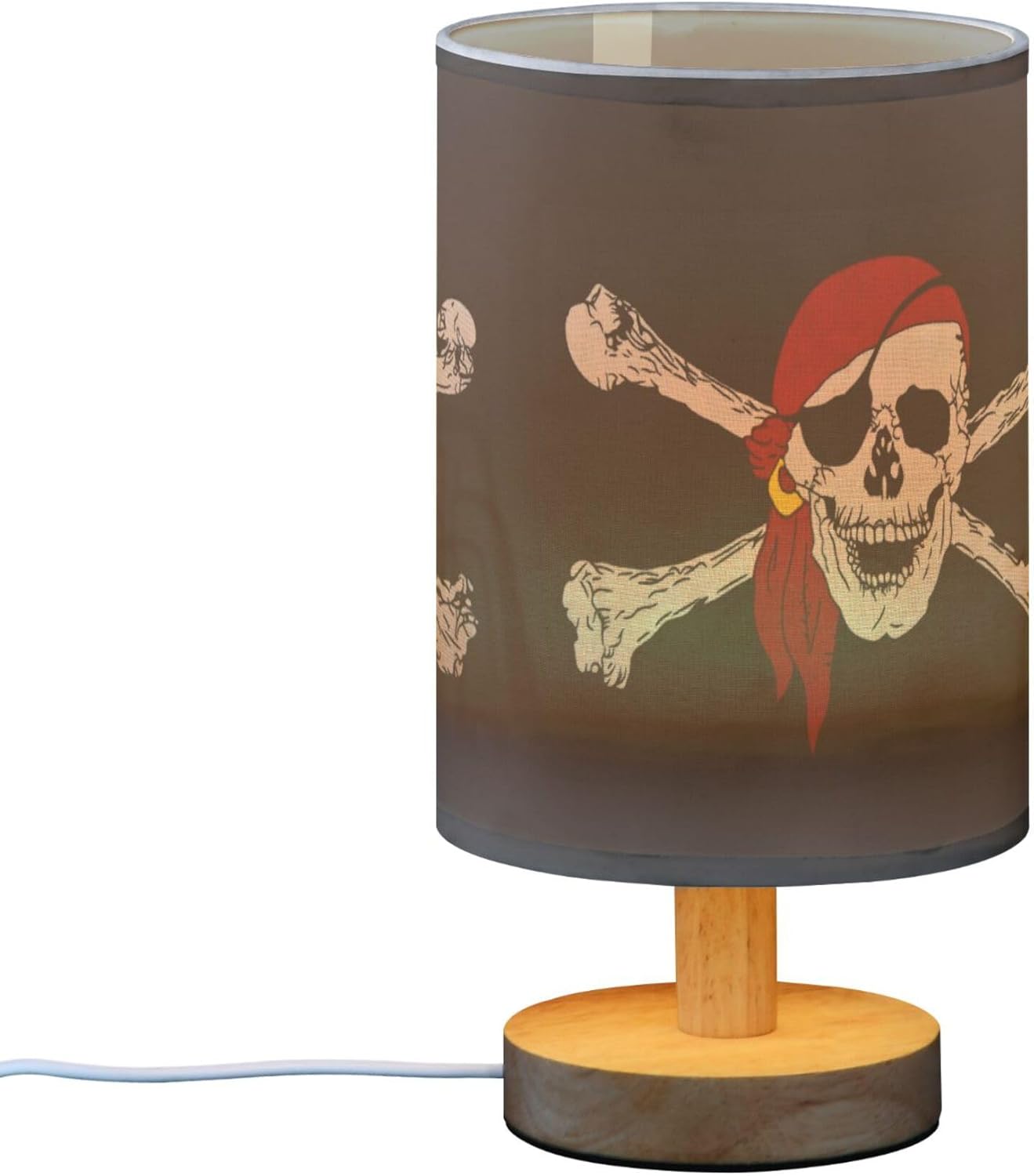 Table Lamp Pirate Skull Crossbones on Black Nightstand Lamp with Wood Base Fabric Lamp Shade Bedside Desk Lamp for Living Room Bedroom Kids Room Office