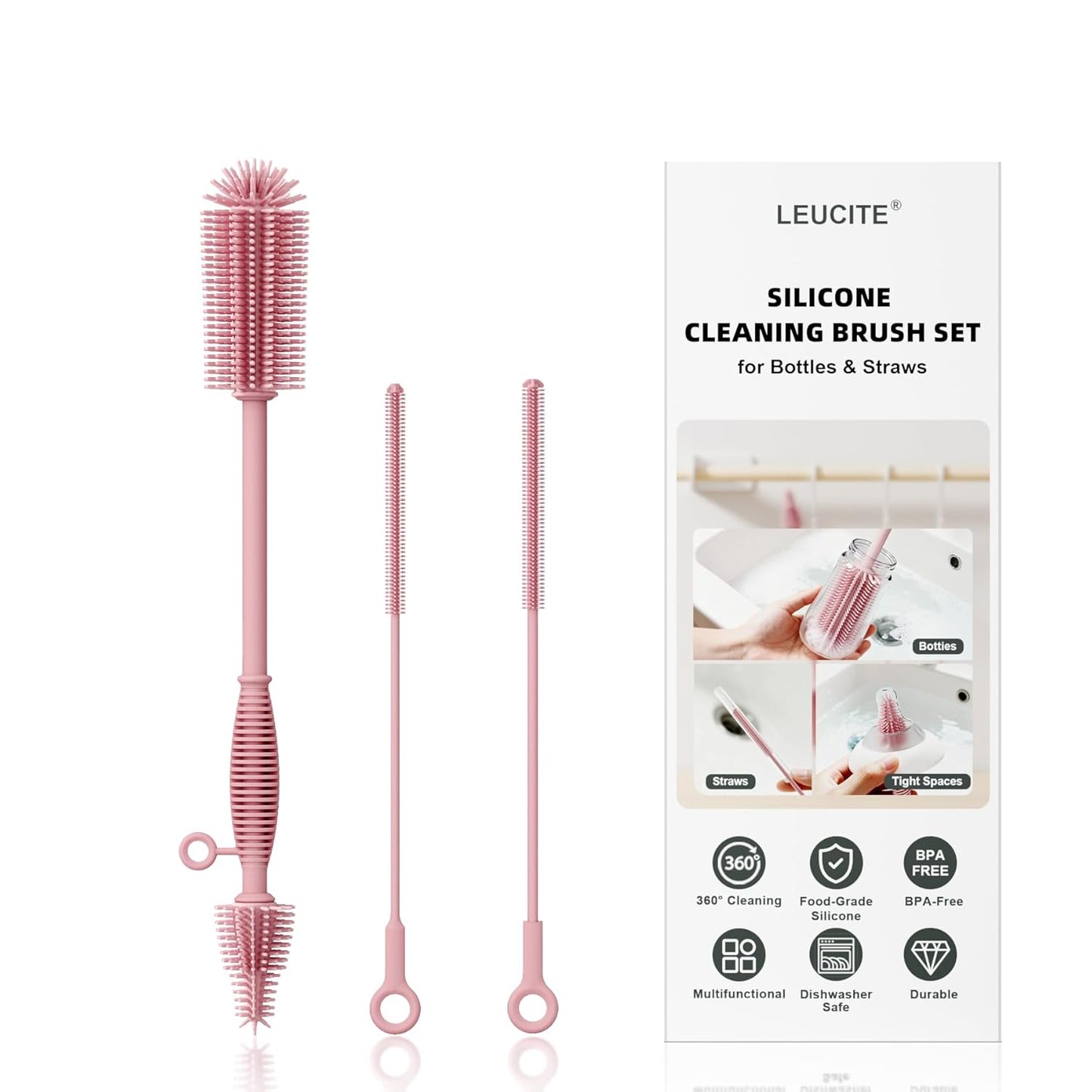 Silicone Cleaning Brush Kit,Water Bottle and Straw Cleaner Brush Set for Tumbler,Baby Bottle,Breast Pump Part,Nipple,Sippy Cup,Glass,Dishwasher Safe,BPA Free,3 Pcs