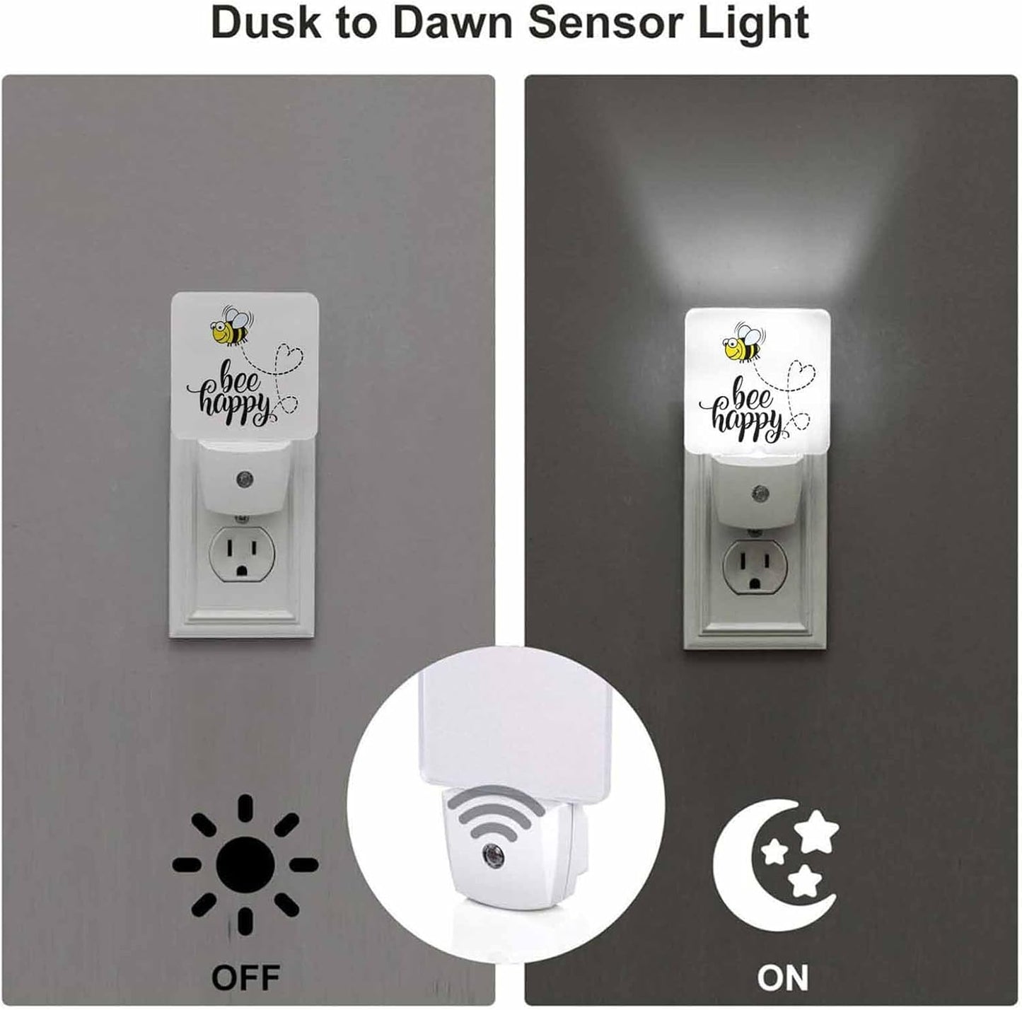 LED Night Light,Bee Happy Funny Text Quote Cute Fat Bee LED Night Light Plug into Wall with Dusk to Dawn Light Sensor White Energy Efficient Nightlight for Bedroom Bathroom Hallway Living Room Kitchen