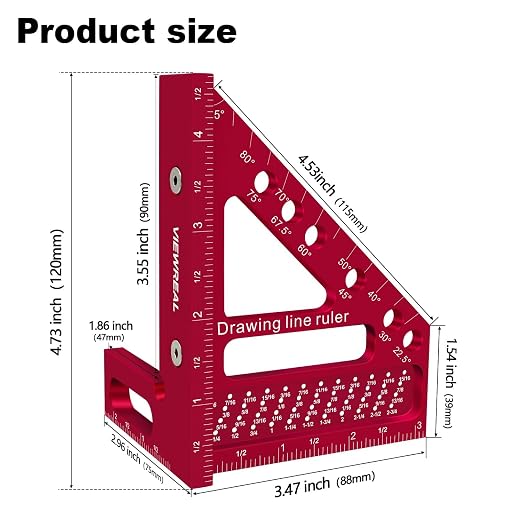 Premium Carpenter Square Hole Scribing Ruler Woodworking Square 22.5-90 Degree