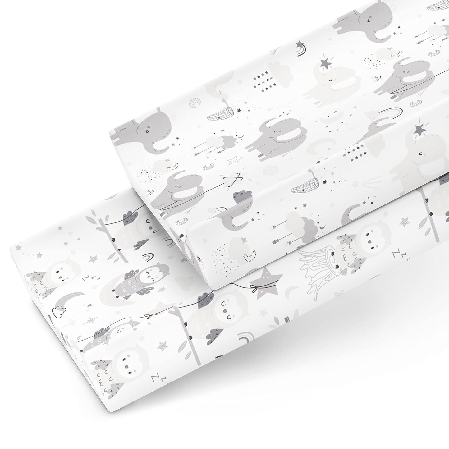 Changing Pad Covers for Baby Diaper Changing Table Pad – Neutral for Boys and Girls 100% Jersey Cotton Sheets – Grey White Elephant, Star, Cloud, Moon, Owl – 2 Pack
