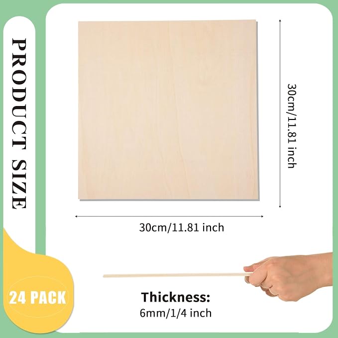 24 Pack 12 x 12 x 1/4 Inch-6mm Thick Basswood Sheets