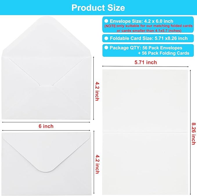 56 Pack Blank Cards and Envelopes 4.2 x 6.0 inches, Folded Cardstock