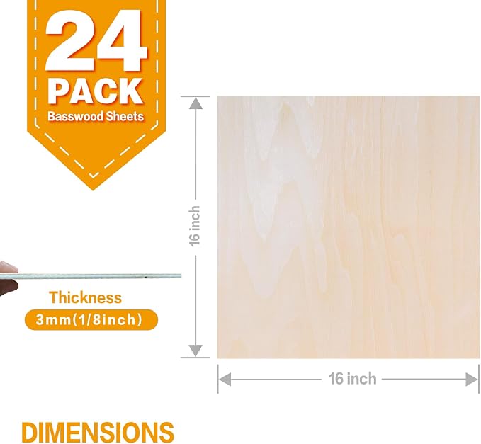 24Pack Basswood Sheets 16"x16"x1/8", 3mm Basswood