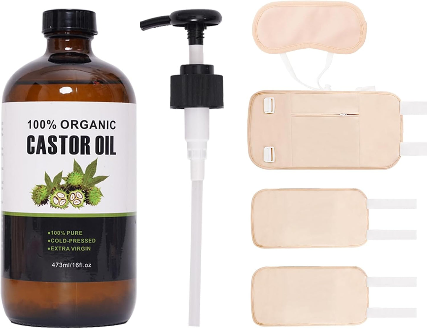 Organic Cold Pressed Unrefined Castor Oil (16oz/473ml), Castor Oil Pack Kit with Organic Cotton Wrap for Waist, Knees, Neck