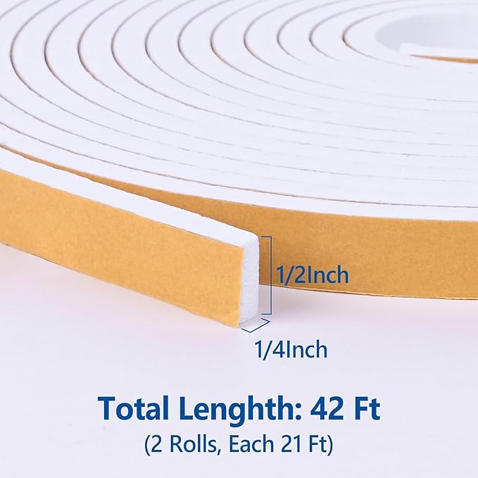 Self Adhesive Foam Tape Weatherstrip 1/2in x 1/4in x 42Ft High Density Foam