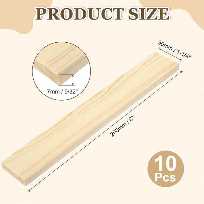 MECCANIXITY 10Pcs Wood Strips Slats, 9/32" x 1‑1/4" x 8" Thin Wood Sticks Flat