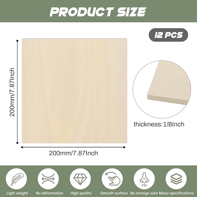12 Pack Plywood Sheets, 7.87" x 7.87"x 1/8" Basswood Sheets | 3mm Basswood