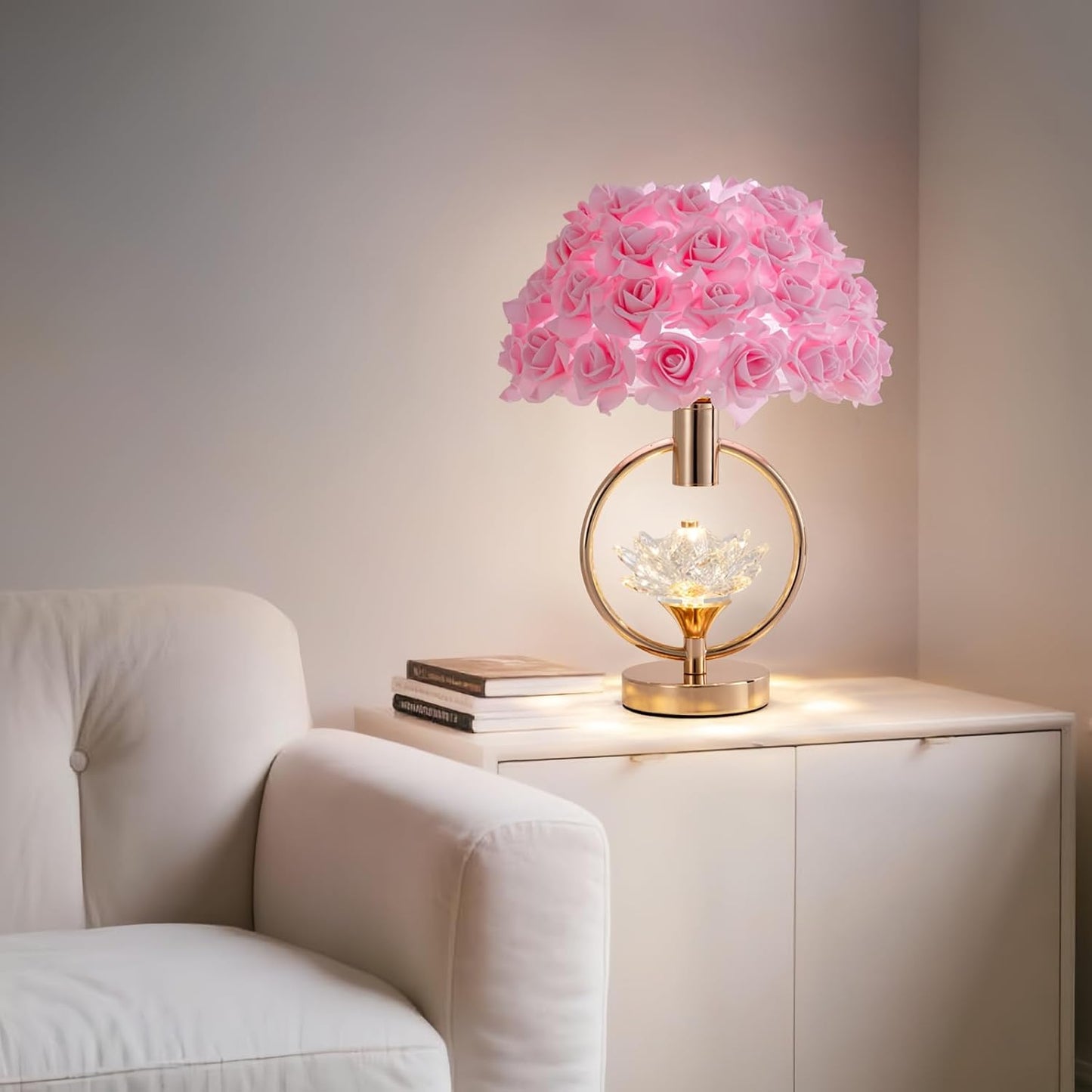 Modern Pink Rose Table Lamp with Crystal Romantic Flower Bedside Lamp Princess Nightstand Lamp Creative Desk Light for Girl Bedroom Living Room Entry Hotel Wedding 17IN